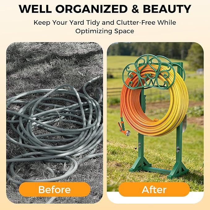 Garden Hose Holder with 2 Tool Hooks Heavy-Duty Freestanding Water Hose Holder Holds 160Ft Hoses, Rustproof Freestanding Hose Stand with 4 Spikes Hose Hanger Storage Reel Rack for Outside, Yard, Lawn
