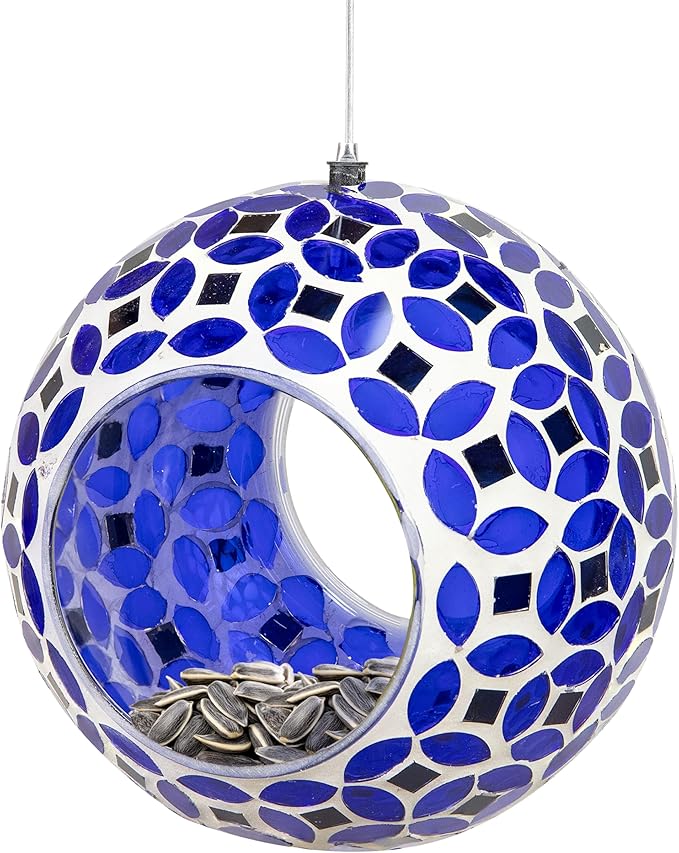 Sunnydaze 6-Inch Glass Mosaic Hanging Bird Feeder for Outdoors - Fly-Through Wild Bird Feeder - Lavender Mosaic