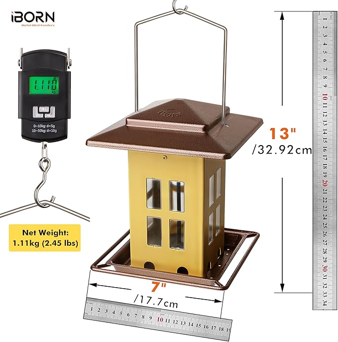 iBorn Bird Feeder for Outdoor Hanging,Metal Bird Feeder Hanging Outside for Cardinal, Double-Sided Hanger Wild Birdfeeder All Metal Constructions, Holds 2.6LB Seed, Muted Yellow,8 Ports