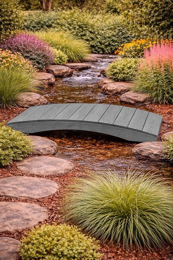4 FT Grey Amish Made Pinewood Heavy Duty Garden Bridge for Walkway, Backyard Pond & Landscaping, Outdoor Wooden Footbridge for Koi Pond, Japanese Style Decorative Bridge, Made in USA