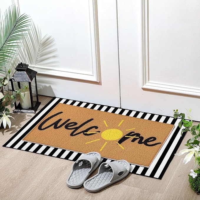 Tinideya 2 Pcs Summer Door Mat Non Slip Wildflower Coastal Hello Sunshine Sweet Home Ocean Pet Welcome Floor Doormat Buffalo Plaid Checked Stripe Mat Seasonal for Front Porch Entryway(Golden Sun)