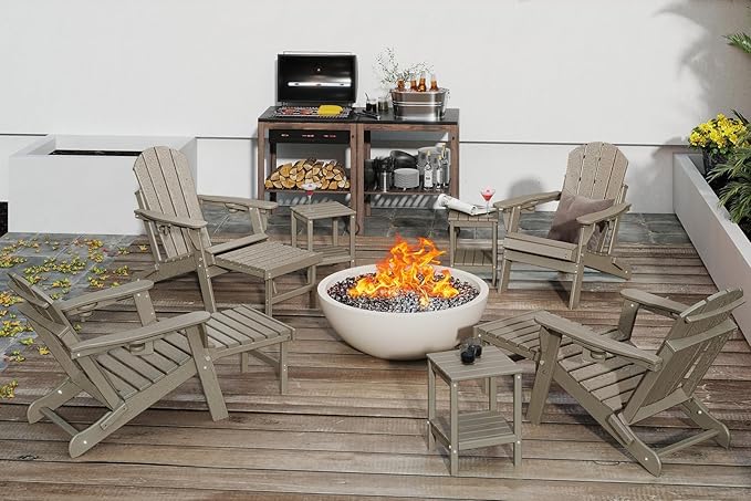 GREENVINES Adjustable Adirondack Chair with Retractable Ottoman Set of 4 | Folding | Wood Grain HDPE Plastic | Fire Pit Chairs w/Foot Rest | 2 Cup Holders | Desert Brown | for Outdoor Poolside
