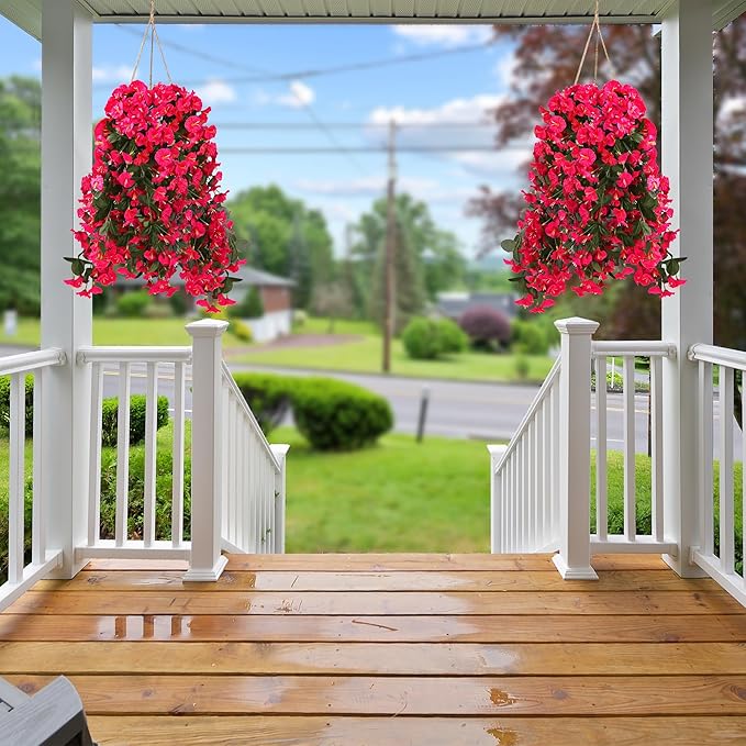 Sggvecsy Artificial Fake Hanging Flowers Plants for Outdoor Outside Spring Summer Decoration 4PCS Faux Silk UV Resistant Realistic Morning Glory Trailing Vines for Home Porch Patio Balcony(Rose red)