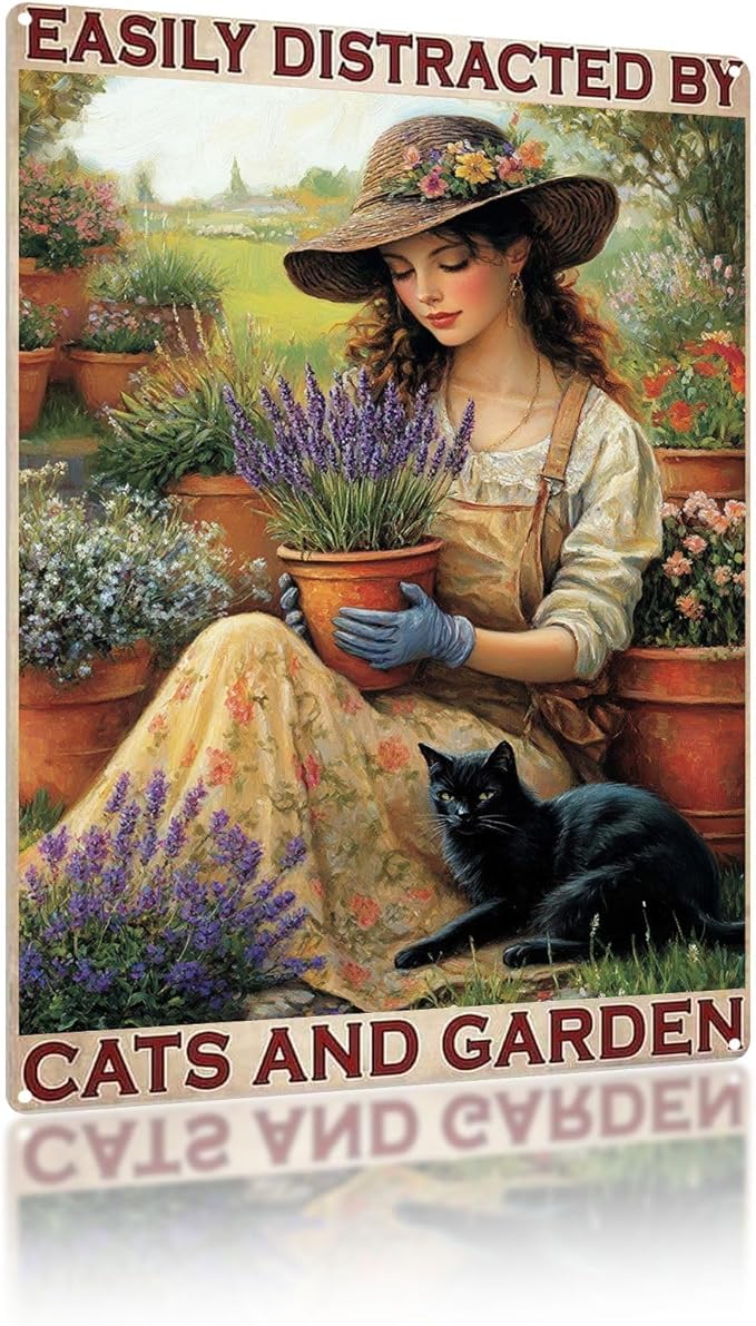 Vintage Garden Metal Tin Signs Easily Distracted By Cats and Garden Funny Tin Sign Rustic Indoor Outdoor Wall Decor for Home Yard Farmhouse Greenhouse Patio Porch Bar 12×16 Inch