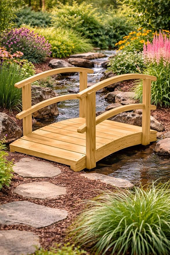 4 FT Oak Amish Made Garden Bridge with Double Rails for Walkway, Backyard Pond & Landscaping, Outdoor Wooden Footbridge for Koi Pond, Japanese Style Decorative Bridge, Made in USA