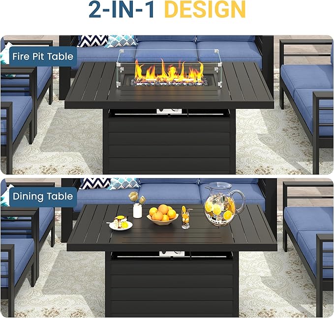 Wisteria Lane Aluminum Patio Furniture Set, 5 Seats Metal Outdoor Furniture Set with CSA Certified 54in Propane Gas Fire Pit Table, Patio Conversation Set with 5in Olefin Cover Cushions, Blue