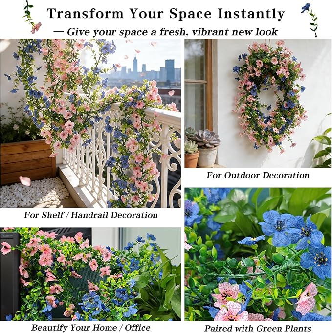 4 Pcs Faux Flowers Garland Plant, Artificial Vines Hanging Flowers Leaves Greenery Garland for Wedding Backdrop Arch Wall Decor, 6 Feet/pcs UV Resistant Indoor Outdoor