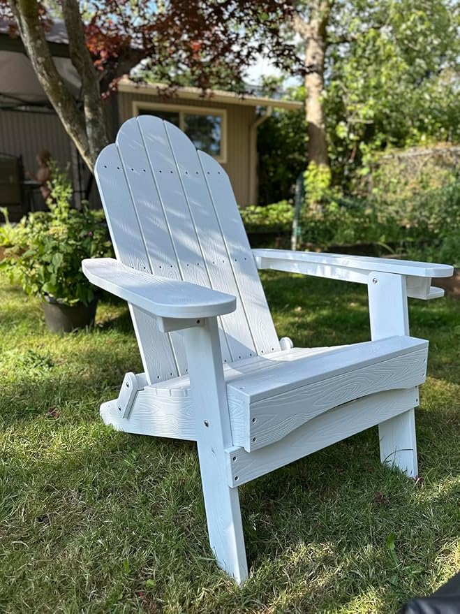 LUE BONA Folding Adirondack Chair, Chairs Set of 2, Cup Holder, Woodgrain, Fire Pit, Patio, Pool, White