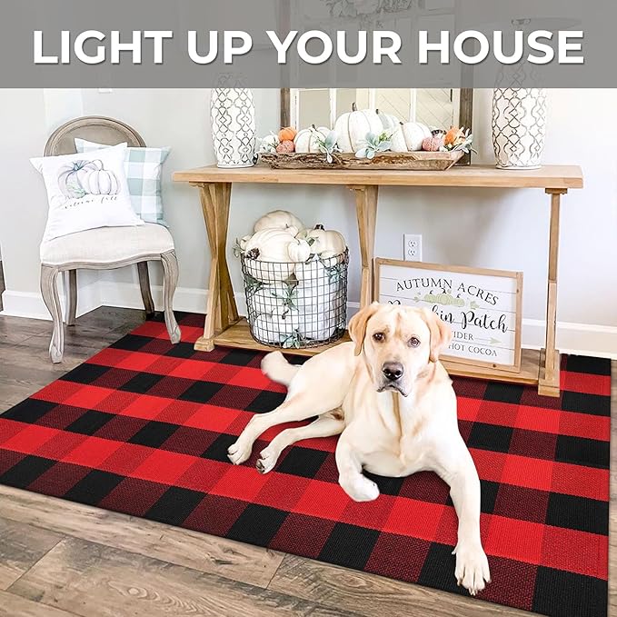 IOHOUZE Christmas Buffalo Plaid Rug 3x5 Ft Outdoor Indoor Doormat Red Black Check Washable Area Rug Woven Cotton Checkered Front Porch Mat Christmas Decor for Front Door Entryway Living Room