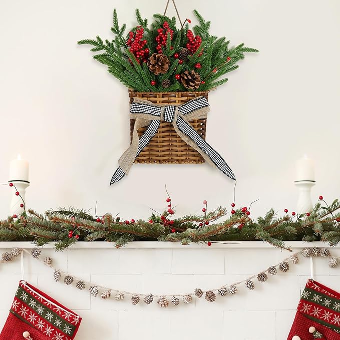 Christmas Door Hanger Basket Wreath, Artificial Hanging Basket Wreath for Front Door Norfolk Pine Wreathes with Red Berries & Pine Cones for Christmas Farmhouse Indoor Outdoor Decoration