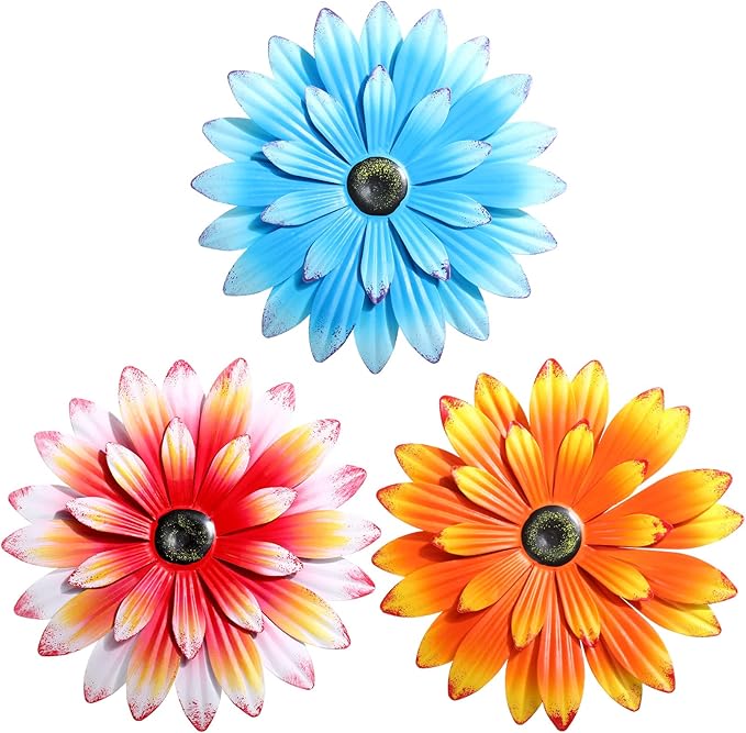 Hotop 3 Pcs Metal Flower Wall Art 3D Metal Daisy Wall Decor Multiple Layer Hanging Flower Rustic Farmhouse Boho Style Decorations for Indoor Outdoor Home Living Room Office Garden, 8 Inches(Vivid)