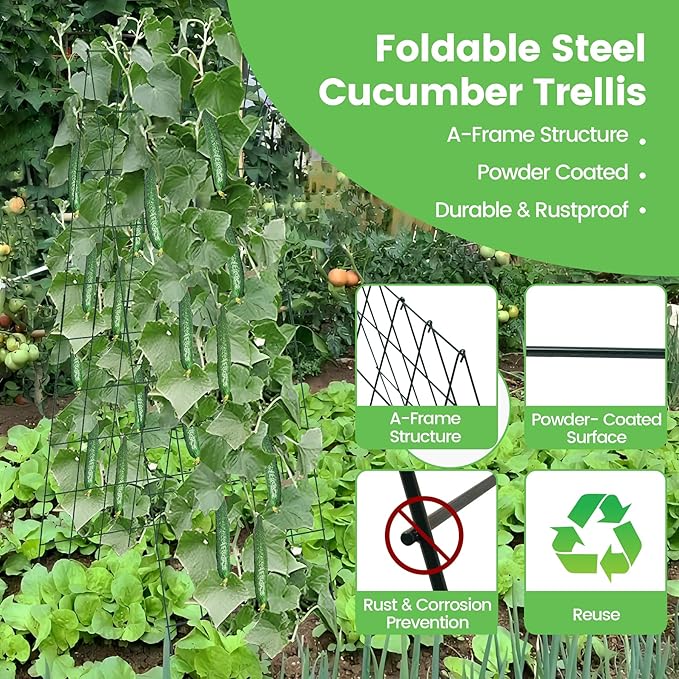 Foldable Cucumber Trellis 64" H x 20" W - 2 Pack, A-Frame Garden Trellis for Raised Bed, with Twist Ties & Plant Bags for Climbing Plants Outdoor
