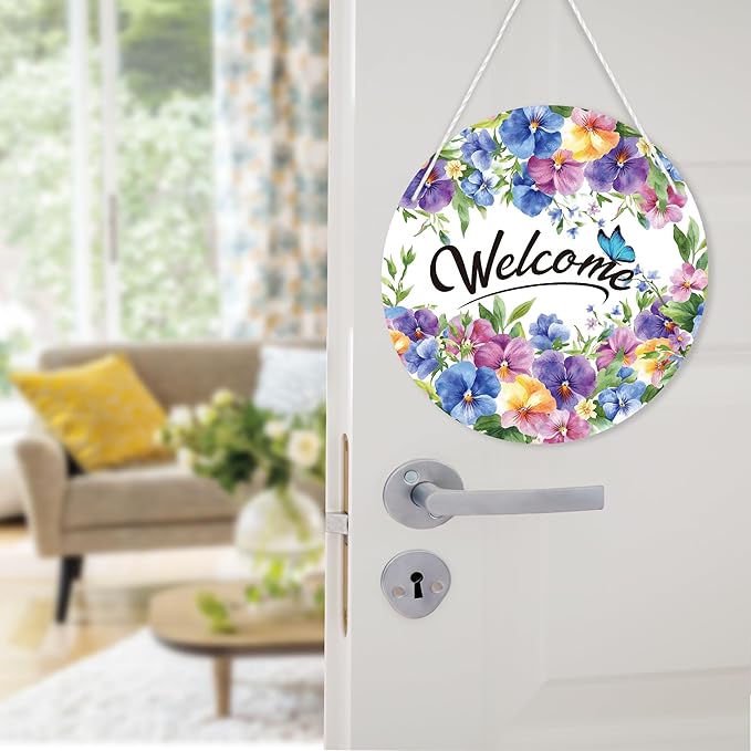 1 Pc Summer Floral Welcome Door Sign, Pansy Flower Butterfly Door Hanging Sign, Spring Summer Holiday Farmhouse Home Porch Window Decor, 11 x 11 inches