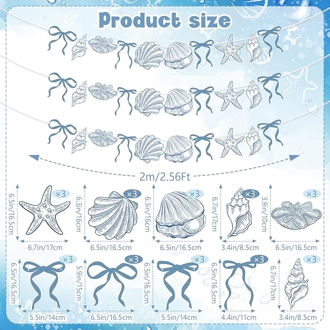 3 PACK Summer Banner Seashells Decor Party Decorations Party Supplies Birthday Decorations Blue Bow Starfish The Sea Summer Birthday Wedding Bachelorette Under Paper Hanging Banner for Baby Showre