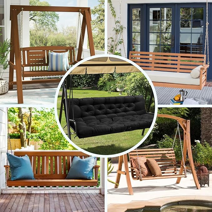 Porch Swing Cushions, Waterproof Swing Cushions Replacement with Backrest, Outdoor Swing Bench Cushions 2-3 Seater Replacement for Patio Furniture 60x40 (Black)