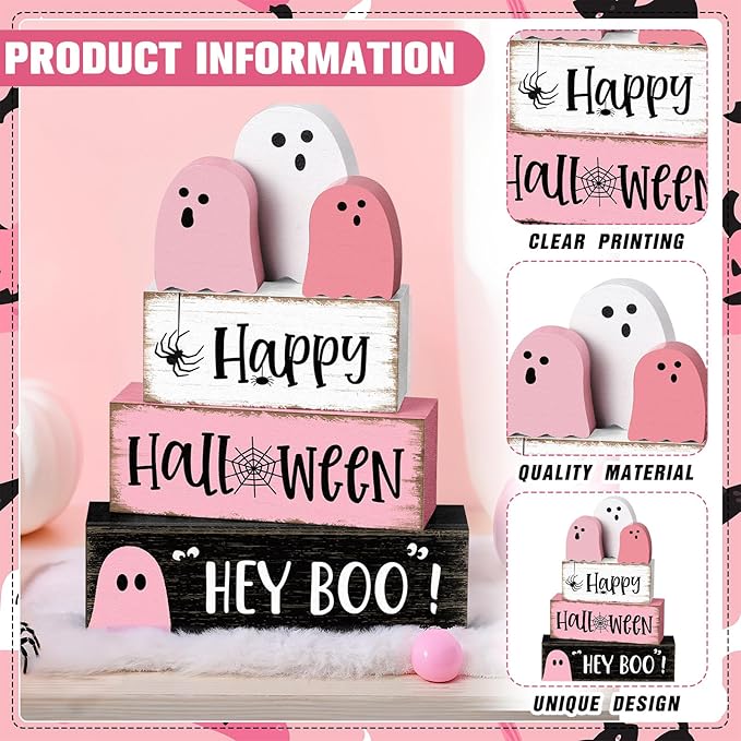 6 Pcs Pink Ghost Halloween Decorations Indoor Pastel Pink Ghost Table Decor Wooden Signs Cute Blocks Rustic Halloween Tiered Tray Decor for Home Office Desk Shelf Mantel