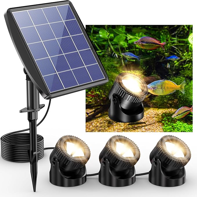 POPOSOAP Solar Pond Lights, 3-in-1 Warm White Underwater Pond Lights, IP68 Waterproof LED Landscape Spotlights for for Pond, Garden, Patio, Fountain, Pool, Waterfall Decoration(3 Head Lamp)