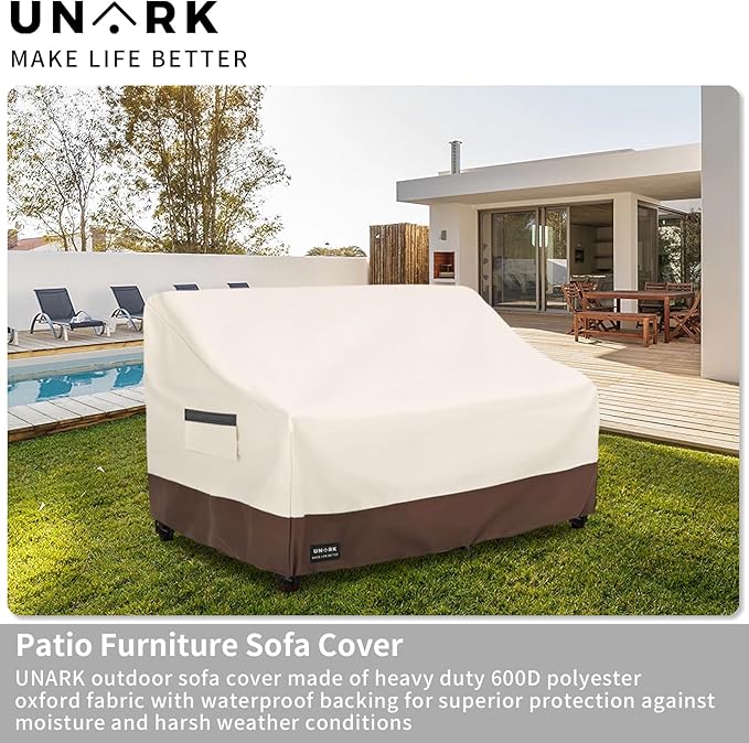 Outdoor 3-Seater Sofa Cover, Heavy Duty Patio Furniture Covers Waterproof, 76W x 33D x 32H Inches Patio Couch Cover Waterproof Couch Covers for Outdoor Furniture, Beige and Brown