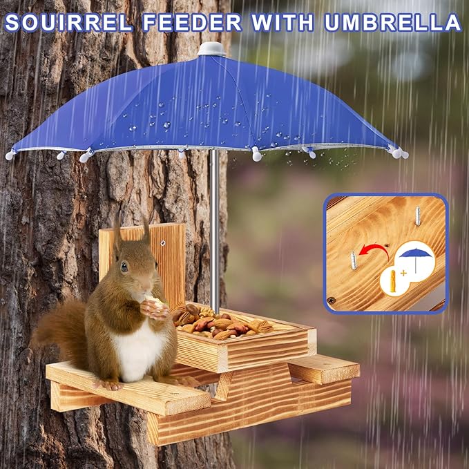 Gnodary Squirrel Feeder with Umbrella, Squirrel Feeders for Outside, Squirrel Picnic Table Feeder - Chipmunk Feeder Hold Corn, Corn Cob, Peanuts Style2 (Blue)