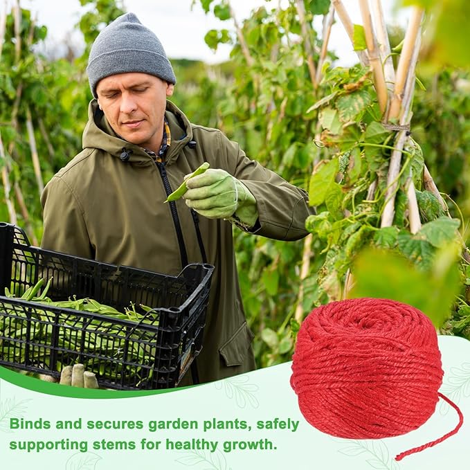 2-Pack Natural Jute Twine String, 3mm x 328ft/100m Long Garden Twine Balls for Crafts/Gift Wrapping/Gardening Plants, Durable Plant Ties Thick Rope [Red]