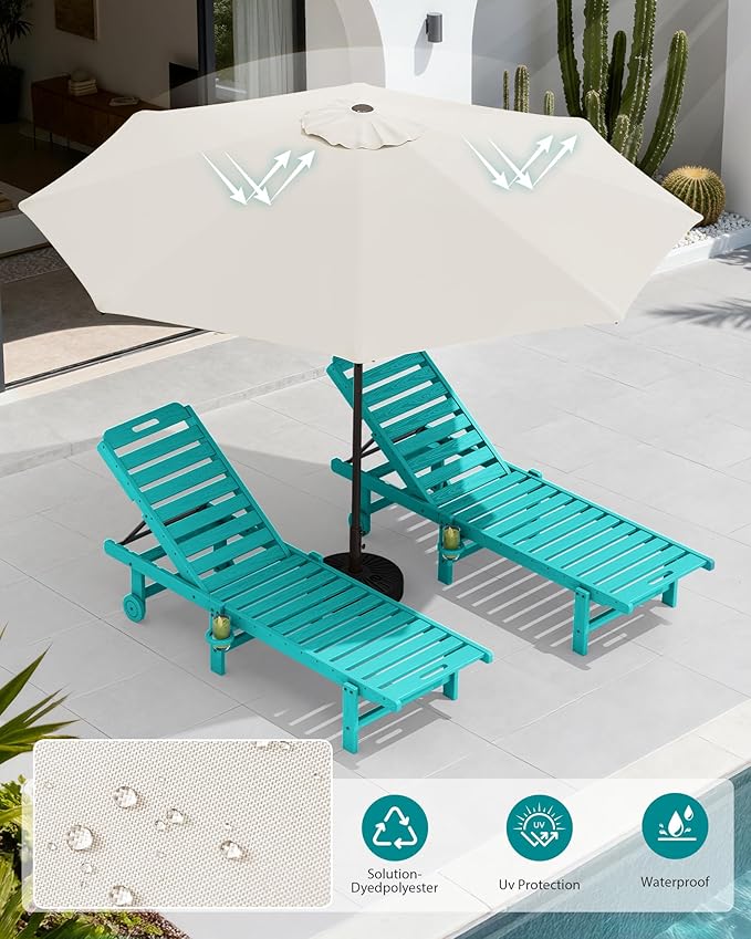 SERWALL Outdoor Chaise Lounge Set of 2 with 9FT Umbrella, HDPE Pool Lounge Chair with 5-Position Adjustable Backrest, Patio Lounger with Rolling Wheels & Cup Holder for Pool, Aruba