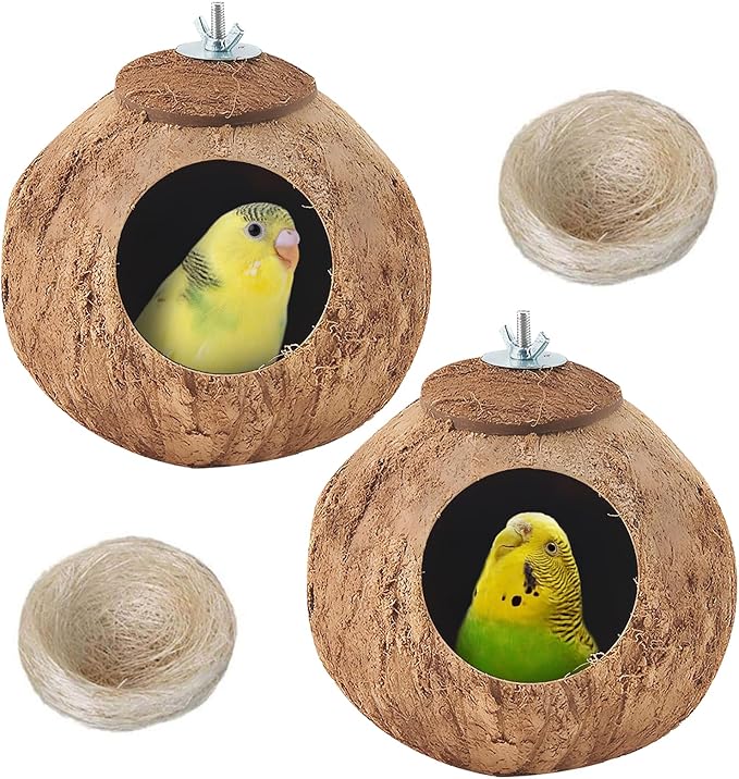 Coconut Bird Nest for Cage Natural Coconut Shell Birds House 2 Pack Parakeet Small Coconut Hide Breeding Hut Bird Cage Accessories for Parrot Lovebirds Budgies Cockatiel Conure Finch Canary