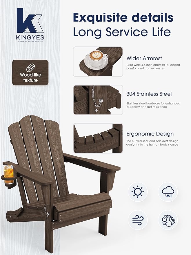 KINGYES Folding Adirondack Chair Set of 6, HDPE All-Weather Patio Chairs with Cup Holder, Wooden Textured Fire Pit Chairs for Poolside, Backyard, Deck, Coffee