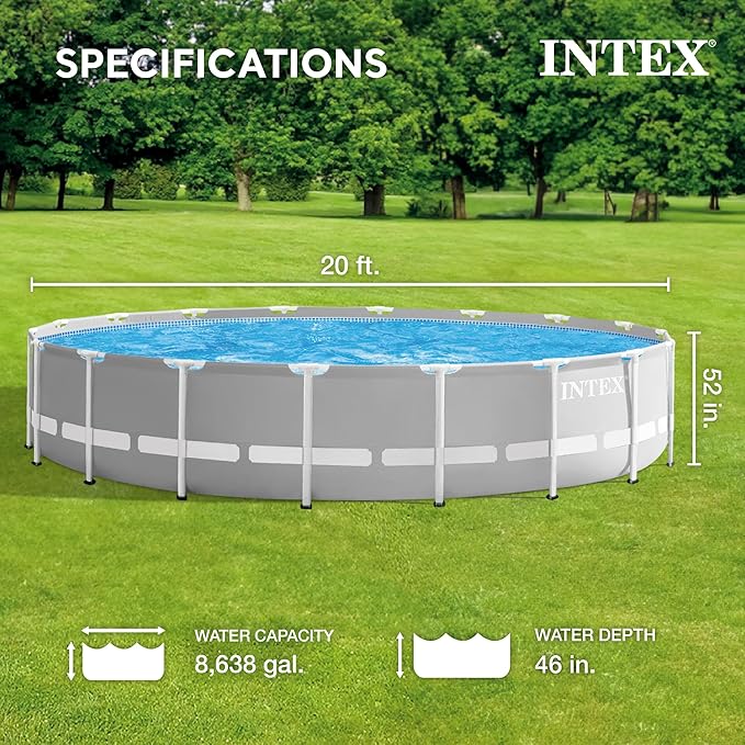 INTEX 26755EH Prism Frame Premium Above Ground Swimming Pool Set: 20ft x 52in – Includes 1500 GPH Cartridge Filter Pump – Removable Ladder – Pool Cover – Ground Cloth