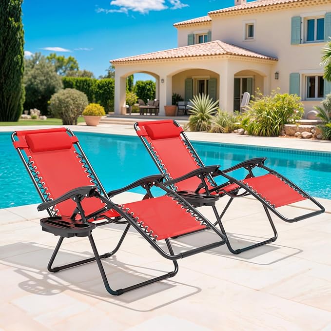 Magshion Zero Gravity Lounge Chairs Set of 2, Outdoor Patio Reclining Chair with Side Tray, Adjustable Anti-Gravity Recliners with Pillow Headrest, Folding Lounger for Lawn Camping Beach, Red