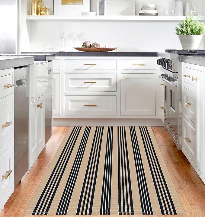 IOHOUZE Black and Tan Striped Rug 4'x6' Front Door Rugs Outdoor, Washable Area Rug for Double Front Porch, Large Patio Rug Outdoor Indoor, Doormat for Entryway Porch Entrance