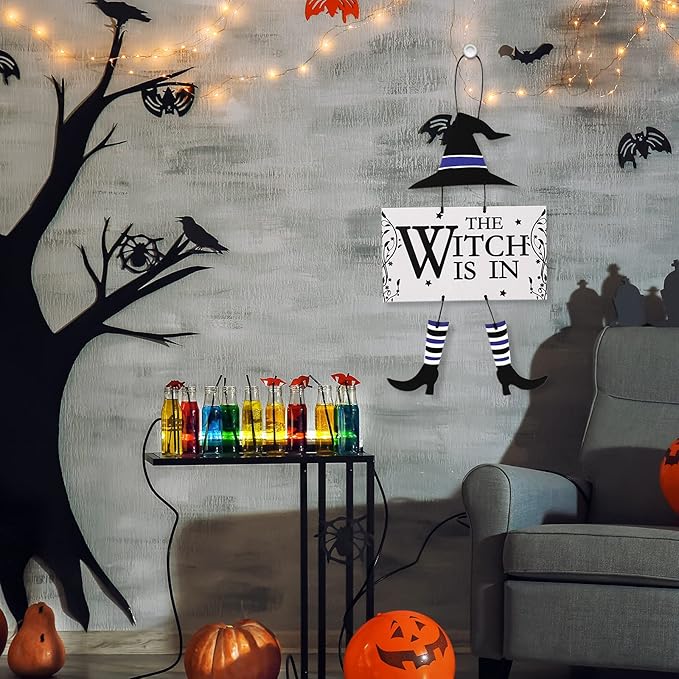 Jetec Halloween Hanging Sign Decoration The Witch is in Hanging Door Sign Witch Halloween Welcome Sign Wooden Wall Decor for Halloween Home Party Indoor Outdoor Decoration