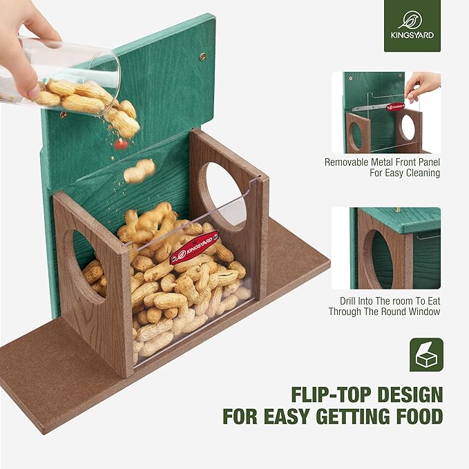 Kingsyard Squirrel Feeder Box for Outside, Recycled Plastic Squirrel Feeder Box with Corn Cob Holders, Easy to Refill & Clean, Weather-Proof Roof (Green)