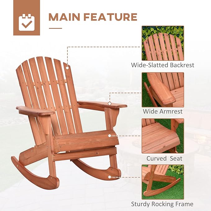 Outsunny Wooden Adirondack Rocking Chair Outdoor Lounge Chair Fire Pit Seating with Slatted Wooden Design, Fanned Back, & Classic Rustic Style for Patio, Backyard, Garden, Lawn, Teak