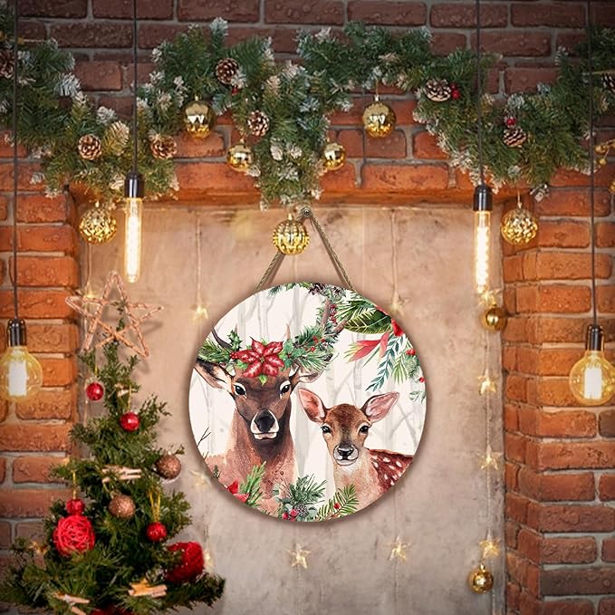 Deer Xmas Door Hanger Holly Tree Flowers Sign for Front Door Winter Deer Floral Hanging Porch Christma Decorations for Outdoor