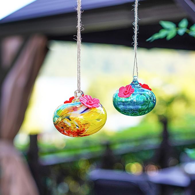 Pack 2 Blown Glass Hummingbird Feeders for Outdoors 3inch Small Glass Humming Bird Feeder for Window Hanging Ant and Bee Proof Humming Birds Feeders Decor for Garden Outside