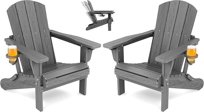 SERWALL Folding Adirondack Chair Set of 2, Adjustable Adirondack Chair with 3 Recline Positions, All Weather HDPE Outdoor Adirondack with Cup Holders, Gray