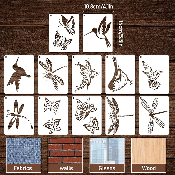 12pcs Hummingbird Butterfly Dragonfly Stencils Template, 5.5 inch Reusable Plastic Stencils for Painting on Wood Canvas Walls DIY Crafts Nature Spring Template Home Decor