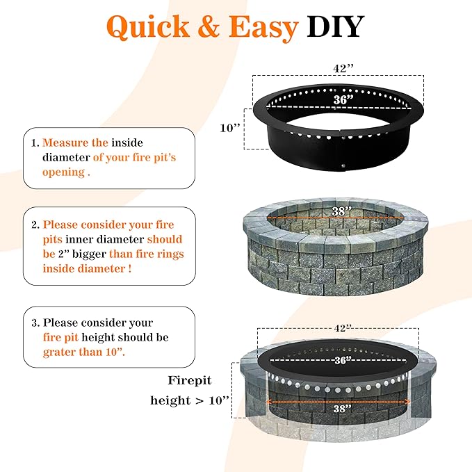 FEBTECH Smokeless Fire Pit Insert - 42" OD X 36" ID Round Foldable Fire Pit Ring with Air Vents & Coller Support - DIY Fire Ring in or Above Ground for Garden Outdoor Bonfire Camping Accessories