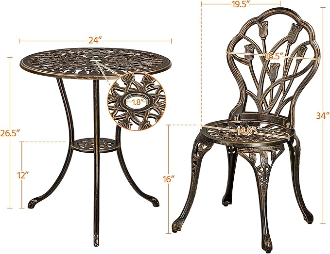 Yaheetech Patio Bistro Sets 3 Piece, Outdoor Rust-Resistant Cast Aluminum Garden Table and Chairs, Bronze