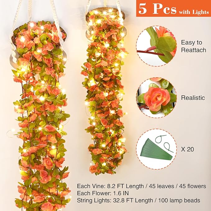 BLEUM CADE 5Pcs 41Ft Flowers Garland Artificial Rose Vines with 32.8Ft String Lights, Cute Fake Hanging Flower Vines Floral Garland Decorations for Wedding Party Wall Room Decor Aesthetic