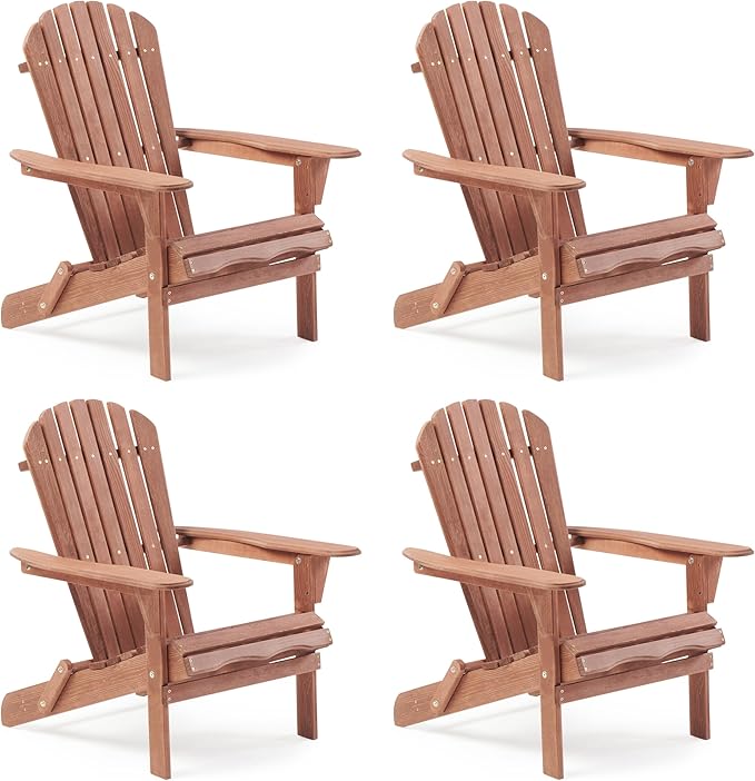 Wooden Folding Adirondack Chair Set of 4, Pre-Assembled BackRest Wood Lounge Chair for Outdoor Patio Garden Lawn Backyard Deck Pool Beach Firepit