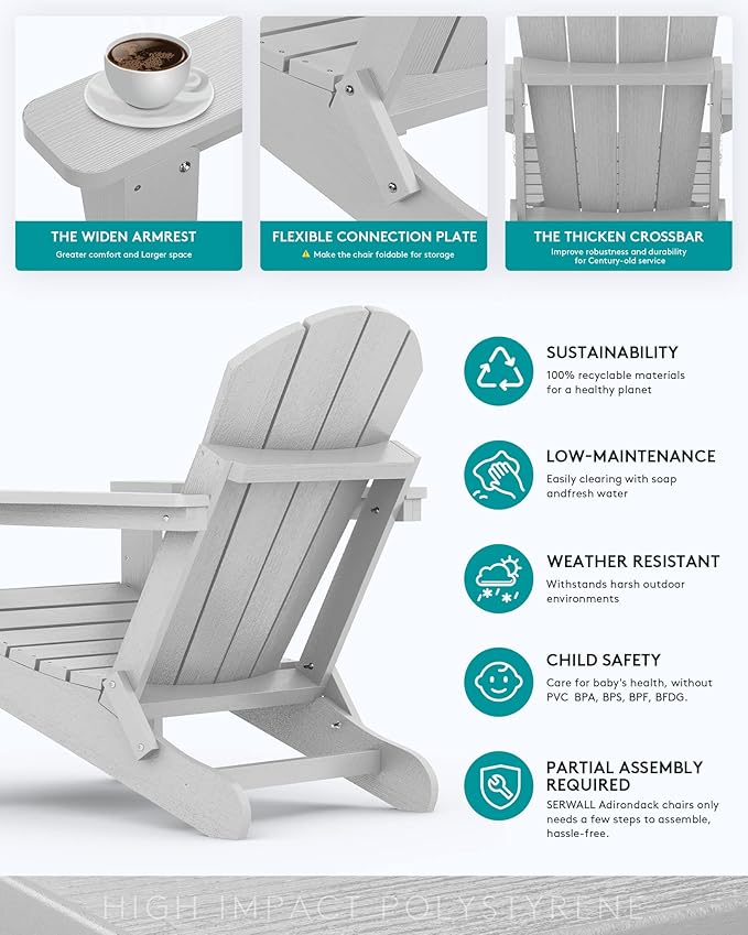 SERWALL Folding Adirondack Chair Set of 8 for Patio Garden Outdoors Fire Pit- Spanish Gray