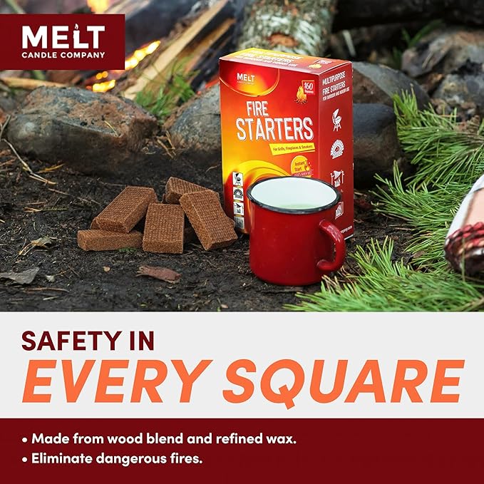 Fire Starter Squares, 160 pcs - Charcoal Fire Starters for Campfires, Grill, Outdoor Pit, Fireplace, Wood Stove, BBQ - Firestarter Sticks, Water Resistant & Odorless - Camping Accessories Essentials