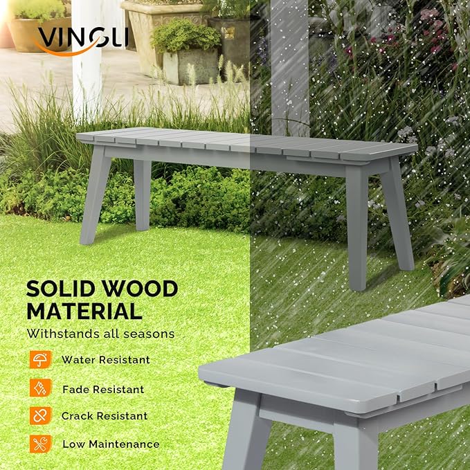 VINGLI Outdoor Wooden Bench, 45” 2-Person Backless Dining Bench, Weatherproof Outdoor Patio Bench for Porch Entryway Garden (1, Gray)