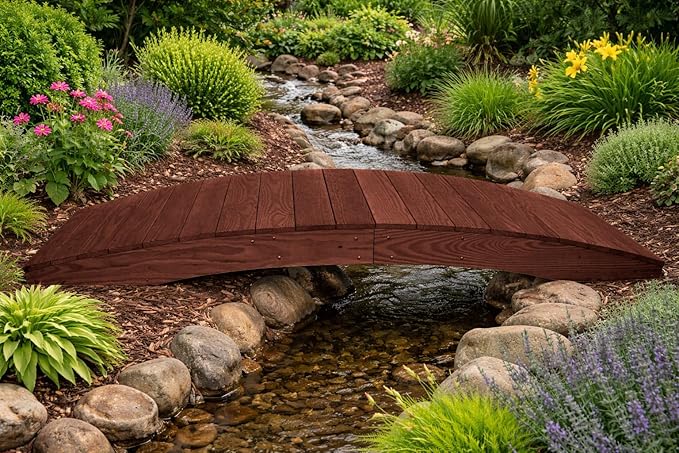 8 FT MAHOGANY Amish Made Pinewood Heavy Duty Garden Bridge for Walkway, Backyard Pond & Landscaping, Outdoor Wooden Footbridge for Koi Pond, Japanese Style Decorative Bridge, Made in USA