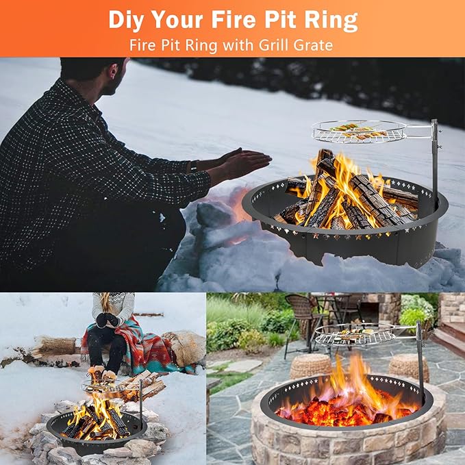 Fire Pit Ring with Grill 36" Fire Ring for Outside Fire Pit,Large DIY Fire Rings for Outside Wood Burning Smokeless Firepit Insert Liner Above/In-Ground Camping Firepit Ring for Outdoor Picnic BBQ