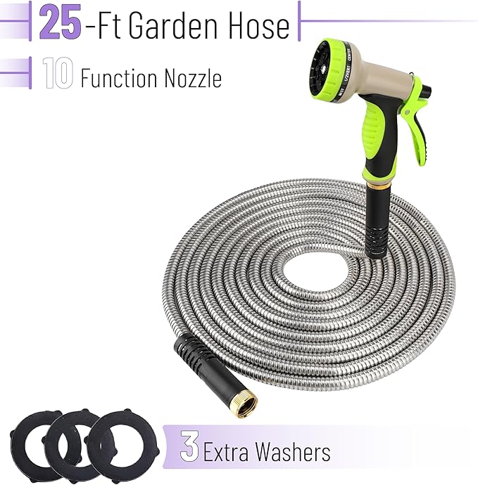 UNCO- Metal Garden Hose, 25 ft, Stainless Steel, Heavy Duty Flexible Hose with 10-Function Spray Nozzle & 3 Extra Washers, No-Kink, Lightweight, Puncture Proof for Outdoor Yard, Lawn, Plants, Car Wash
