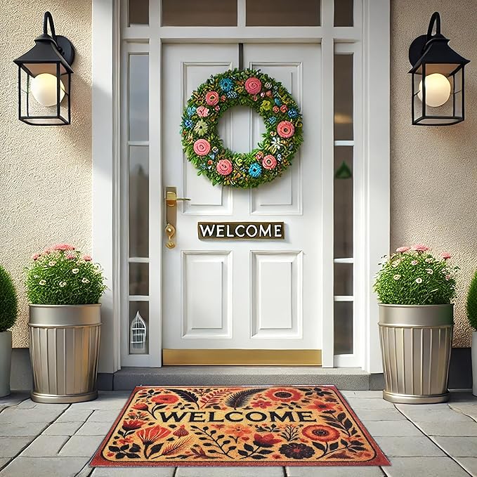 Outdoor Rug Door Mat, Welcome Mat Outdoor, Non-Slip Door Mat Outside Entrance, Stylish Welcome Mat, Entryway Rug, 19'x31' (16.WelcomeFlower)