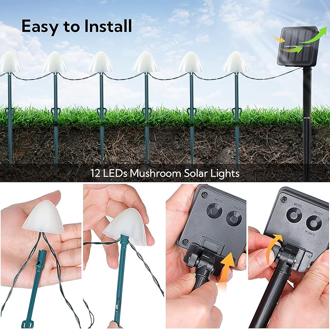 Solar Garden Lights, 12 LED 14.5ft Mini Mushroom Solar Lights Outdoor Waterproof, 2 Modes Lighted Mushroom Shaped Pathway Light for Patio Yard Garden Christmas Fall Decoration（Warm White）