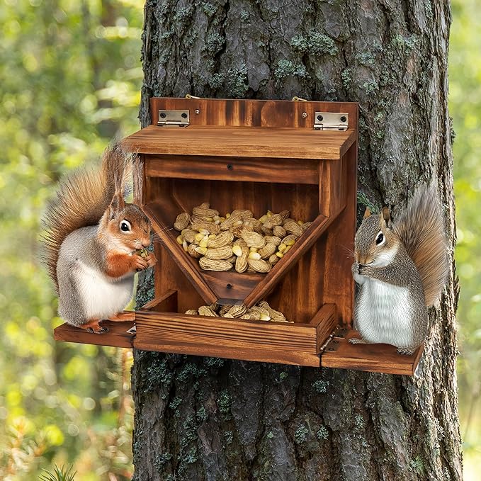 MIXUMON Wood Squirrel Feeder, Funnel Squirrel Feeders for Outside Winter, Wooden Chipmunk Feeder for Corn, Peanuts, Durable Box Easy to Fill with Removable Top Panel